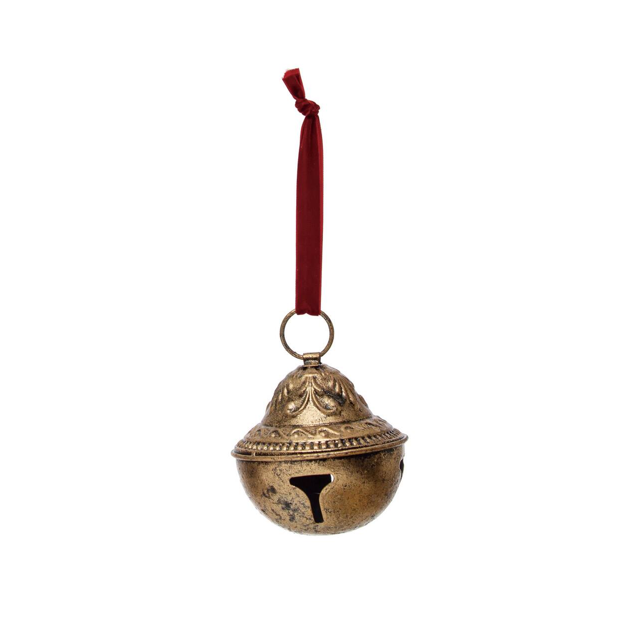 Hello Honey® 5" Gold Embossed Metal Sleigh Bell with Velvet Ribbon